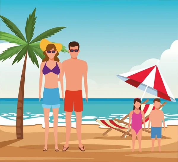 Avatar pareja y niños en la playa, diseño colorido — Vector de stock