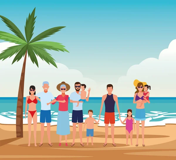 Familia avatar con niños y abuelos disfrutando de las vacaciones de verano en la playa — Archivo Imágenes Vectoriales