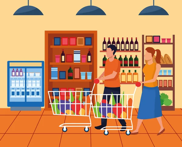Femme et homme avec des voitures de supermarché à l'allée du supermarché, design coloré — Image vectorielle