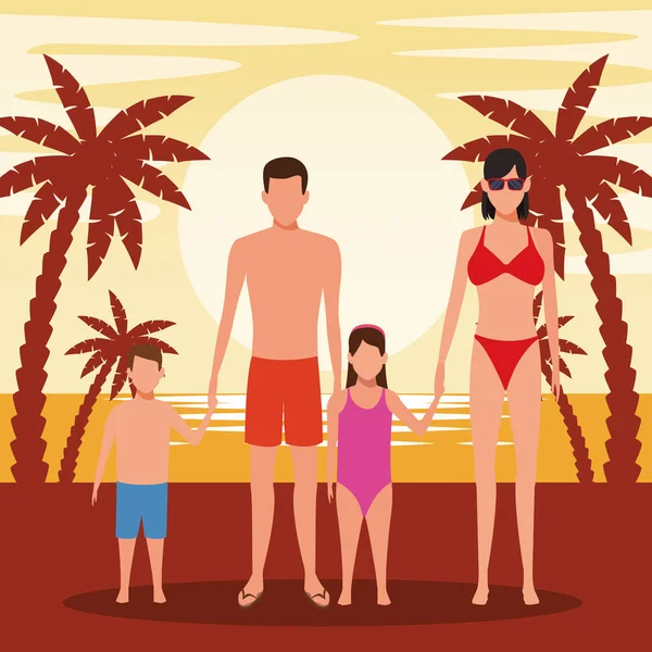 Οικογένεια avatar με παιδιά που φορούν μαγιό στην παραλία — Διανυσματικό Αρχείο