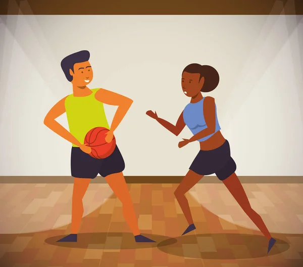 Joven pareja atletas jugando baloncesto con globo — Vector de stock