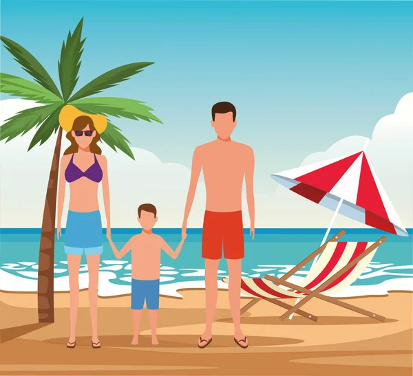 Avatar familie met kleine jongen op het strand — Stockvector