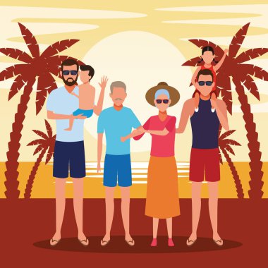 Küçük çocuklu Avatar ailesi yaz tatillerinde sahilde