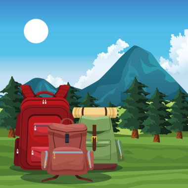 Sırt çantalarını güzel ağaçların ve dağların üzerinde gezdir.