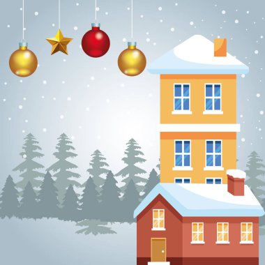 Karlı arka planda sallanan evler ve noel baloları