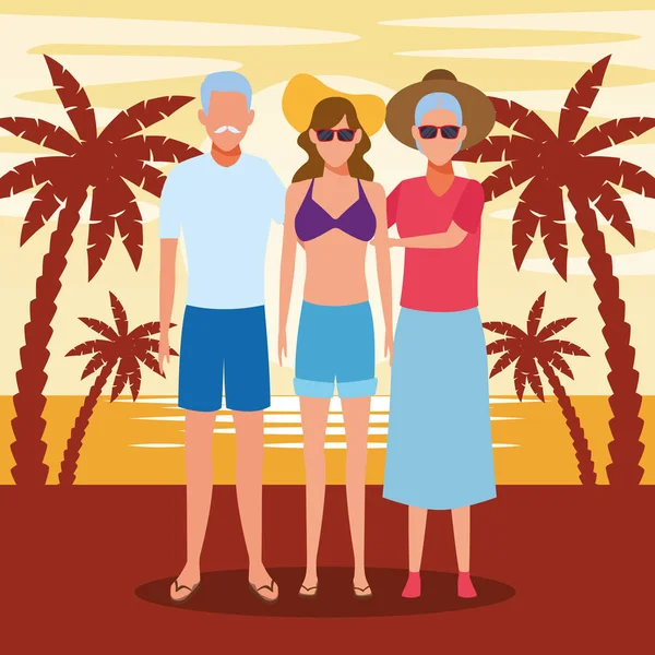 Avatar old couple and woman enjoying the beach — 스톡 벡터