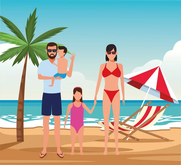 Avi семья и маленькие дети на пляже, красочный дизайн — стоковый вектор
