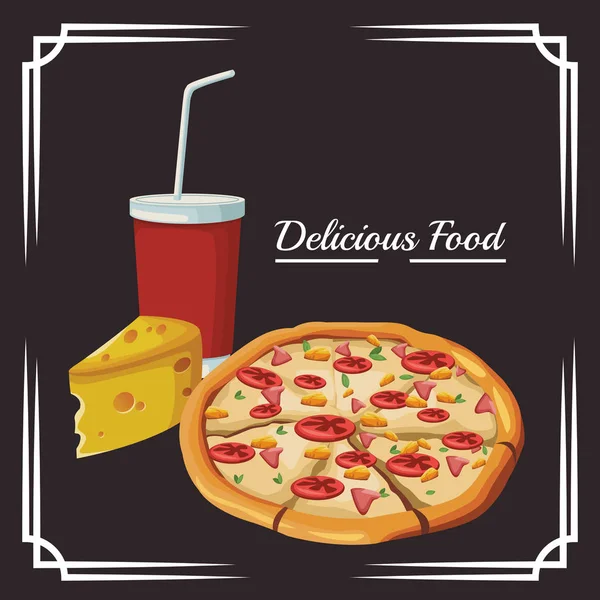 Pizza och bit ost och läskedryck kopp — Stock vektor