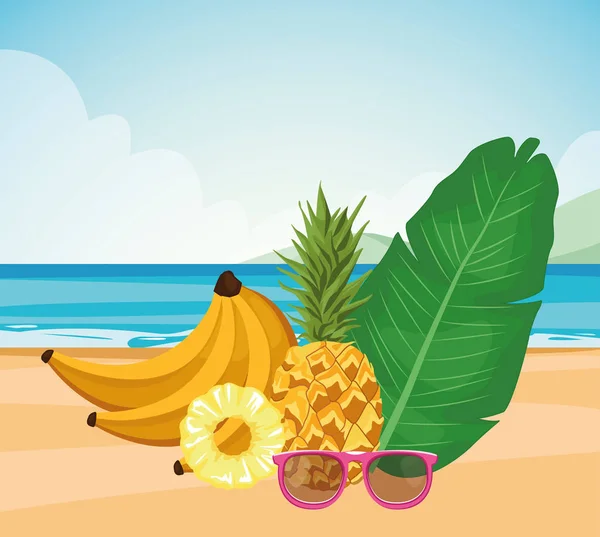 Tropický list s banánem a ananasem na pláži — Stockový vektor