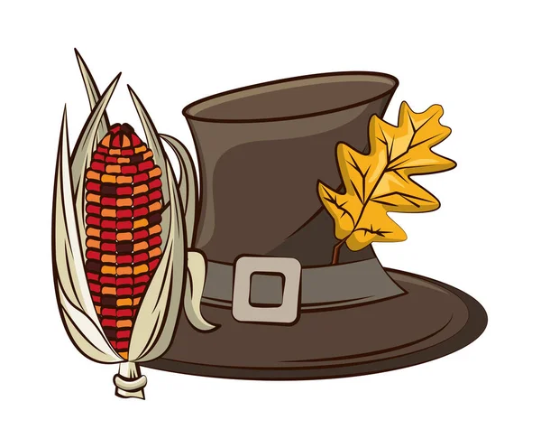 秋天叶子和玉米蔬菜的朝圣帽 — 图库矢量图片