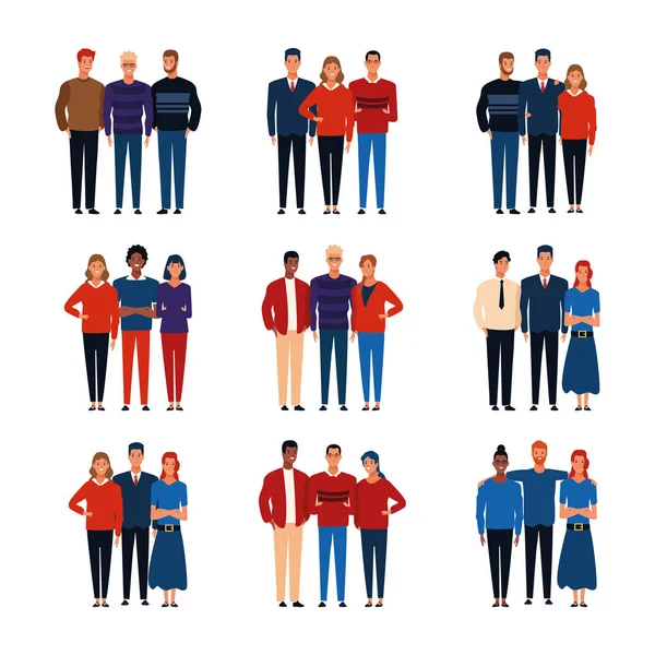 Cartoon-Menschen in Gruppen stehen Icon-Set, buntes Design — Stockvektor