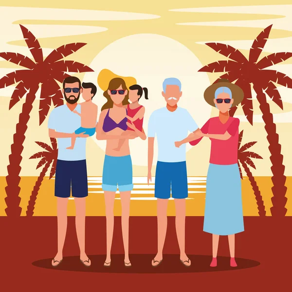 Аватар пожилая пара и семья с детьми на пляже — стоковый вектор