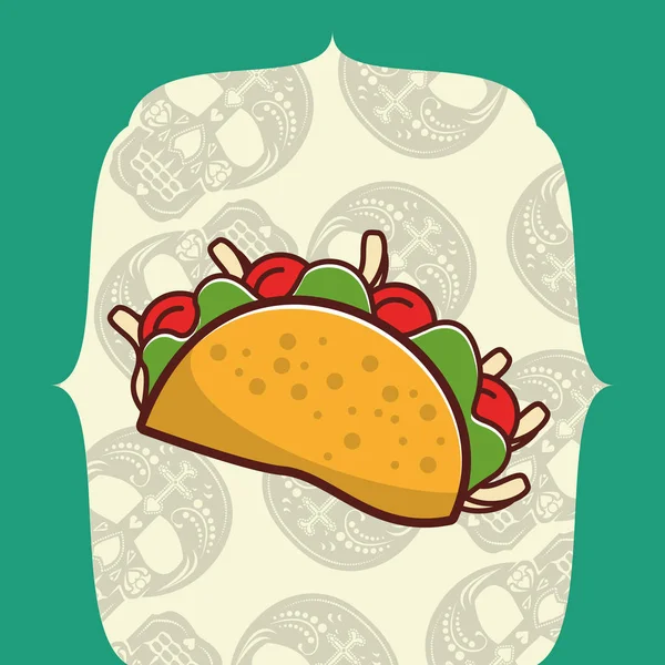 Deliciosa comida mexicana taco com crânios cabeças padrão —  Vetores de Stock