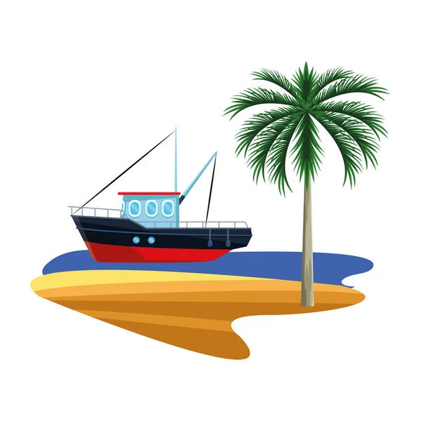 Stock vector fishing boat at the sea with palms, flat design