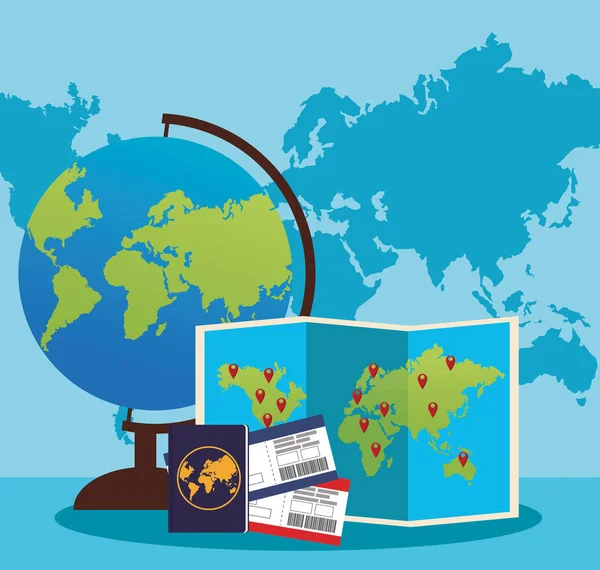 Globo e mapa do mundo com passaporte e passaportes — Vetor de Stock