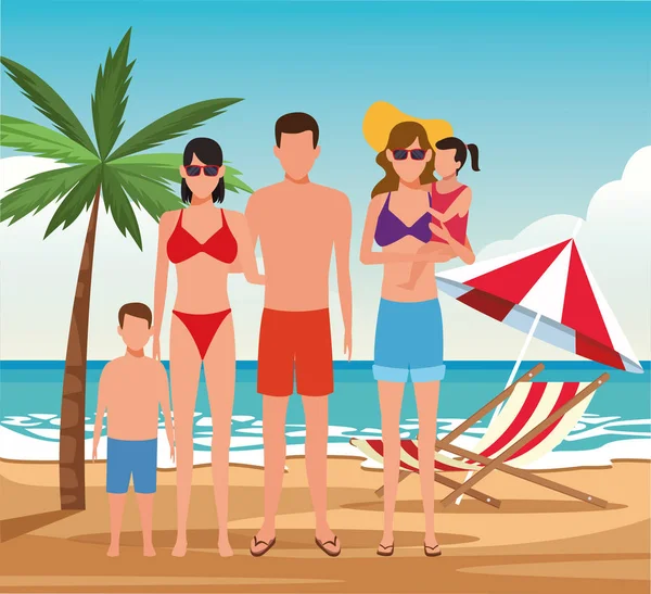 Οικογένεια avatar και γυναίκα με μικρά παιδιά στην παραλία — Διανυσματικό Αρχείο