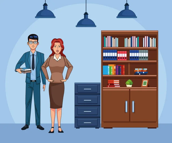 Homme d'affaires dessin animé et femme au bureau décor — Image vectorielle