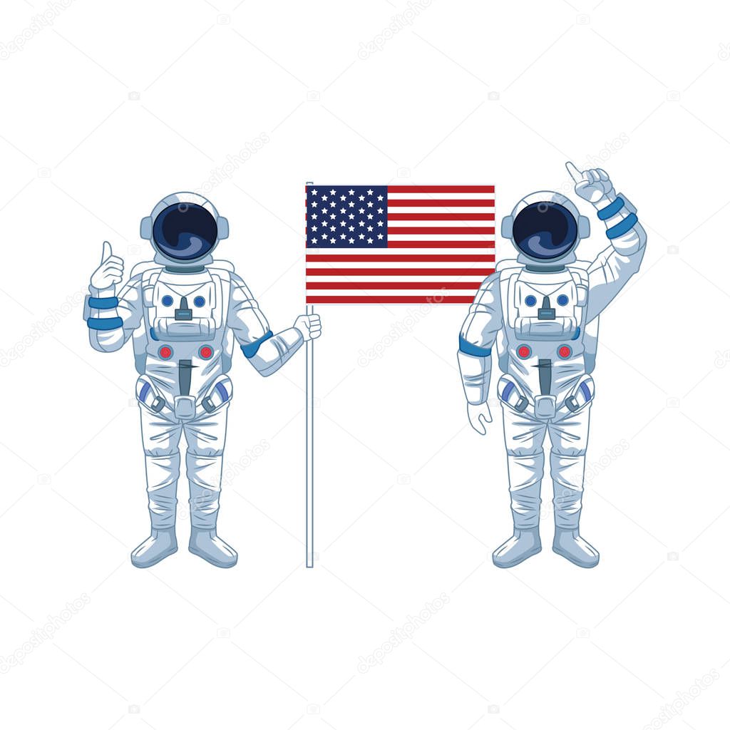 astronauts standing and holding a us flag icon, colorful design