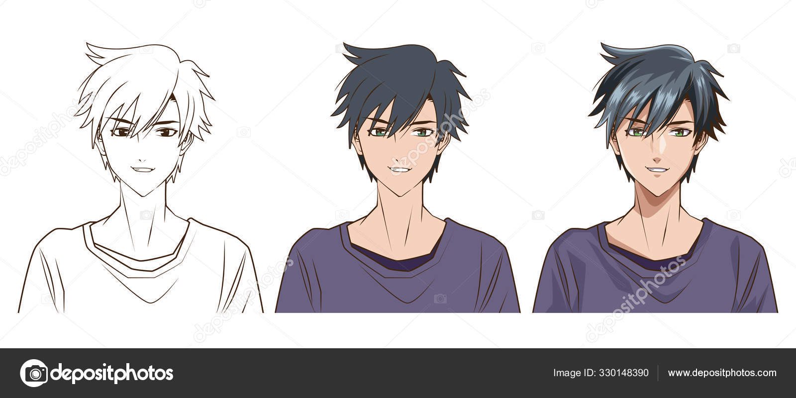 Group of young people faces anime style characters Stock Vector by