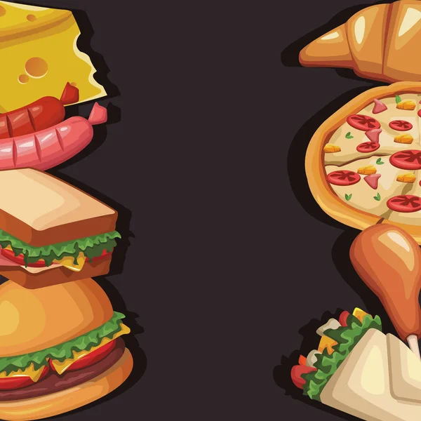 Quadro com deliciosa fast food, design colorido —  Vetores de Stock