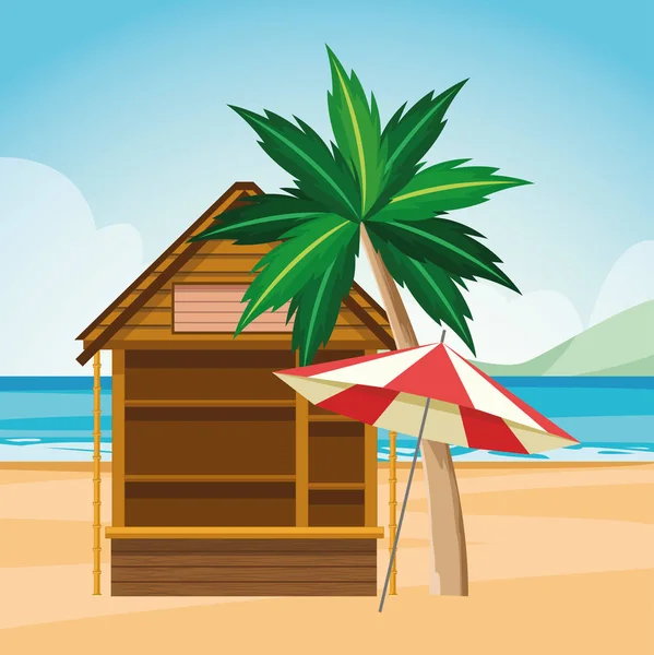 Chalet en rondins et parasol à la plage — Image vectorielle