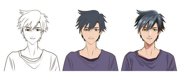 Proceso de dibujo del personaje de anime de hombre joven — Vector de stock