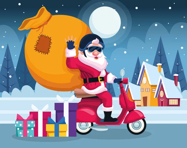 Cool santa claus sur une moto avec grand sac sur fond de nuit neigeuse — Image vectorielle