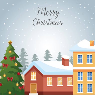 Mutlu noel tasarımı evler ve karlı arka planda süsleri olan noel ağacı.