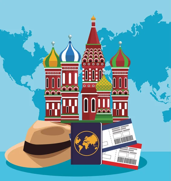 Catedral e chapéu de manjericão santo com passaporte e passaportes — Vetor de Stock