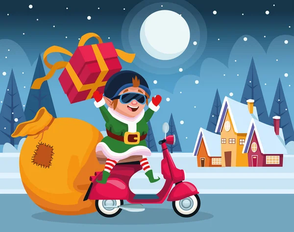 Dessin animé elfe de Noël sur une moto avec boîte cadeau — Image vectorielle