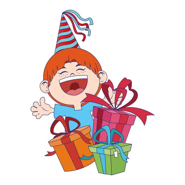 Cartoon gelukkig jongen met verjaardag geschenken dozen — Stockvector