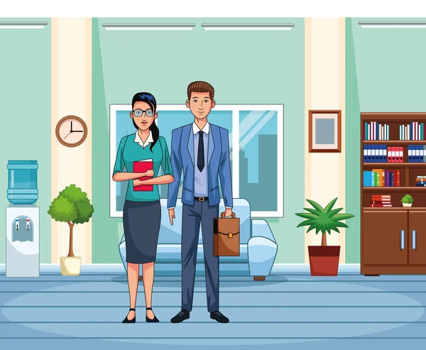 Geschäftsfrau und Mann stehen vor Bürokulisse — Stockvektor