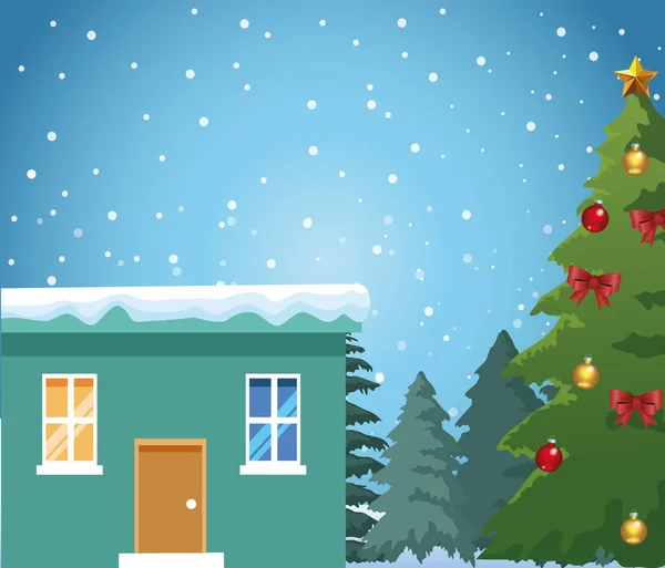 Vánoční strom a dům přes modré zasněžené pozadí — Stockový vektor