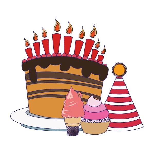 Pastel de cumpleaños con sombrero de fiesta y cupcake, diseño plano colorido — Vector de stock