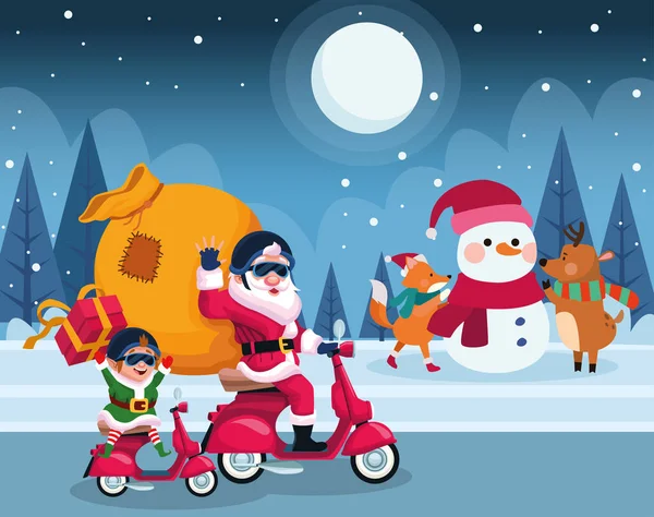 Muñeco de nieve con árboles de Navidad y santa claus y elfo de Navidad en una motocicleta — Vector de stock