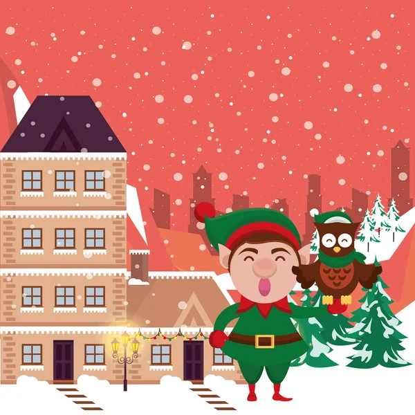 Boże Narodzenie śnieg krajobraz scena z elfem i sowa — Wektor stockowy