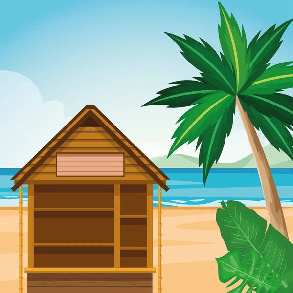 Cabaña de madera en el paisaje de la playa con palmeras y hojas tropicales — Vector de stock