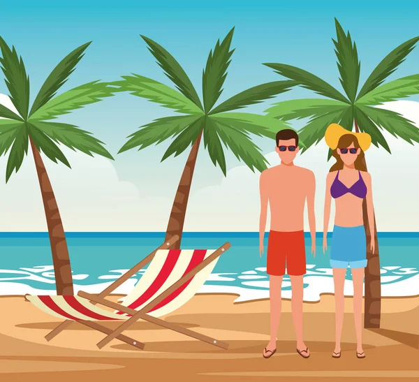 ビーチにいる若いカップルのアバターカラフルなデザイン — ストックベクタ