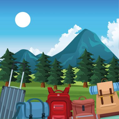 Güzel dağlar ve ağaçlar seyahat çantaları ve çantalarıyla
