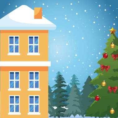 ev ve Noel ağacı karlı arka planda