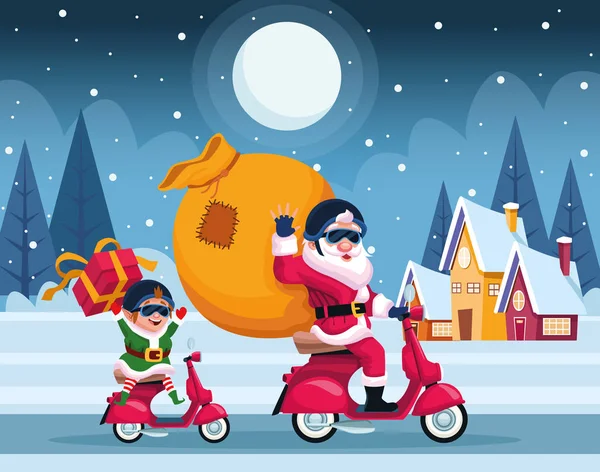 Joyeux Noël carte avec Père Noël claus et elfe en moto — Image vectorielle