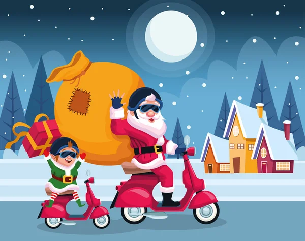 Santa Claus et elfe en motos avec sac et coffrets cadeaux sur les maisons et fond de nuit d'hiver — Image vectorielle