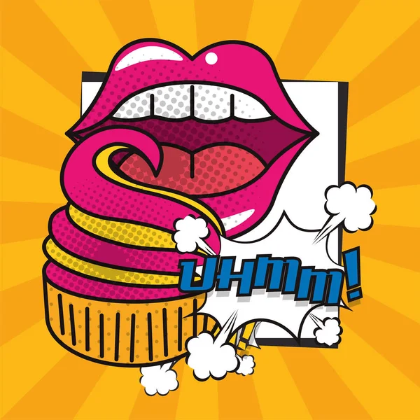 Poster estilo pop art com a boca feminina comendo cupcake —  Vetores de Stock