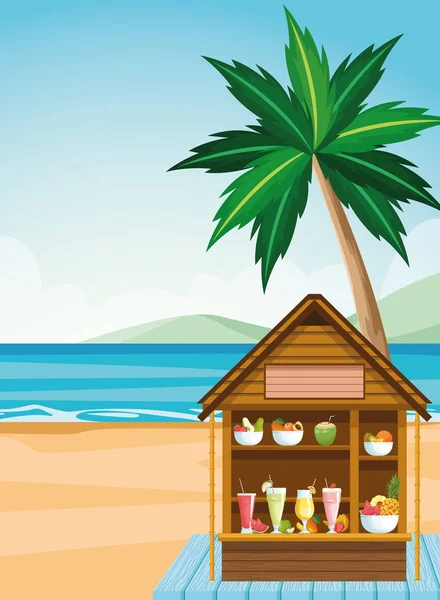 Casa con frutas tropicales y zumos en la playa — Vector de stock
