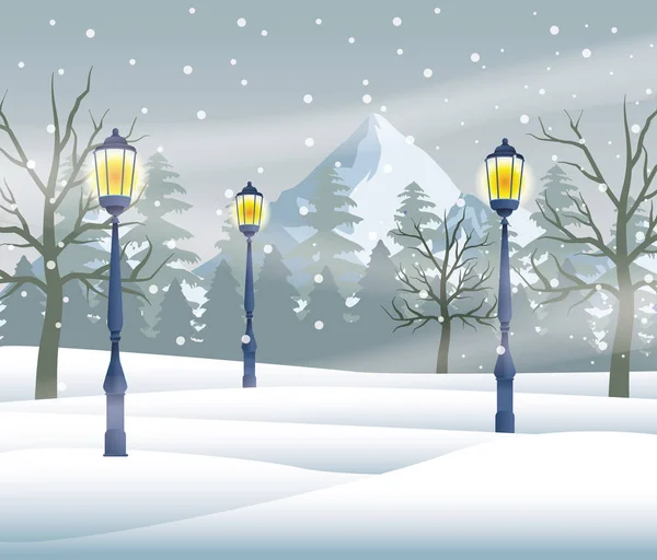 Joyeux Noël carte avec scène de paysage de neige avec des lampes — Image vectorielle