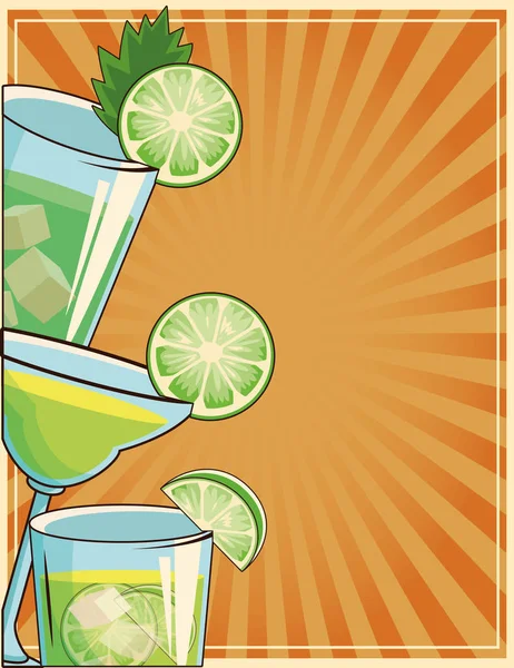 Cocktails tropicaux verts sur fond orange rétro — Image vectorielle