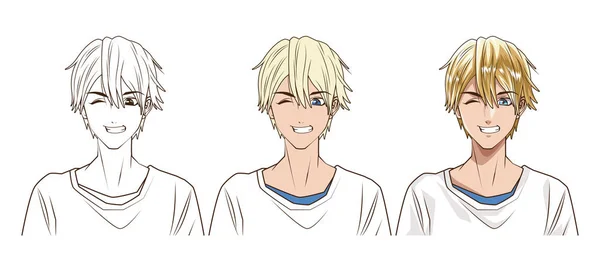 Drawing process of young man anime style character — Stock Vector