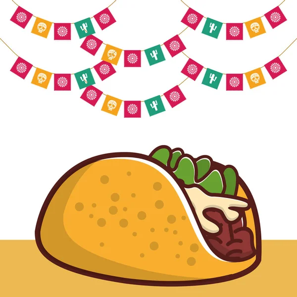 Délicieux taco mexicain nourriture avec guirlandes de fête — Image vectorielle