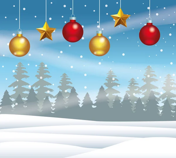 Feliz tarjeta de Navidad con bolas y estrellas colgando — Vector de stock