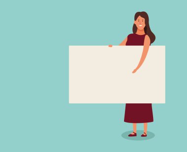 Çizgi filmdeki kadın boş posterle duruyor, renkli tasarım.